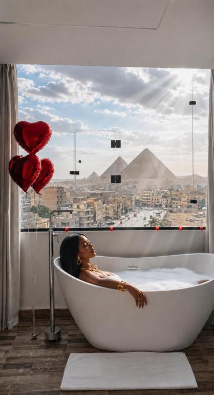 a woman sitting in a bath tub in front of a window at Lotus signature hotel in Cairo