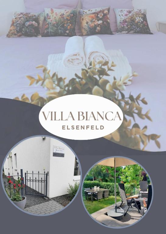 a collage of three pictures of a bed with pillows at Villa Bianca - Holiday & Business in Elsenfeld
