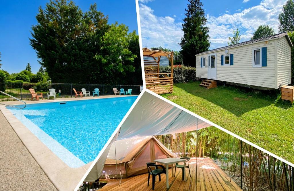 two pictures of a backyard with a swimming pool at Camping les Avenières in Manthes