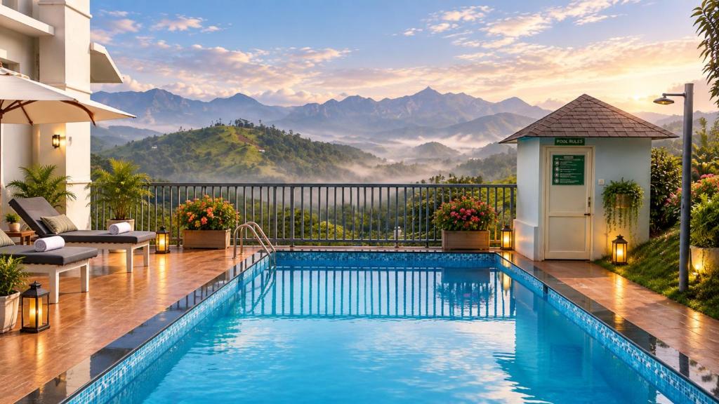 a resort swimming pool with a view of mountains at Pleasant Hill Resort - Munnar in Munnar