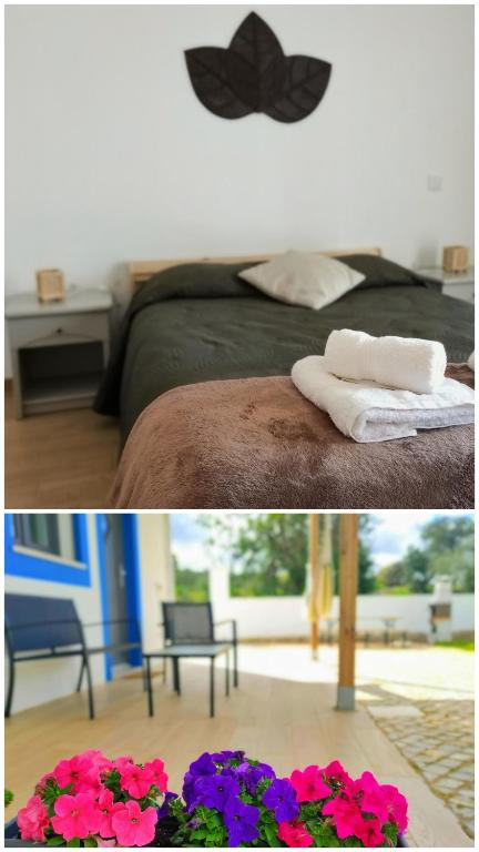two pictures of a bedroom with a bed and flowers at Casa do Belé in Faro