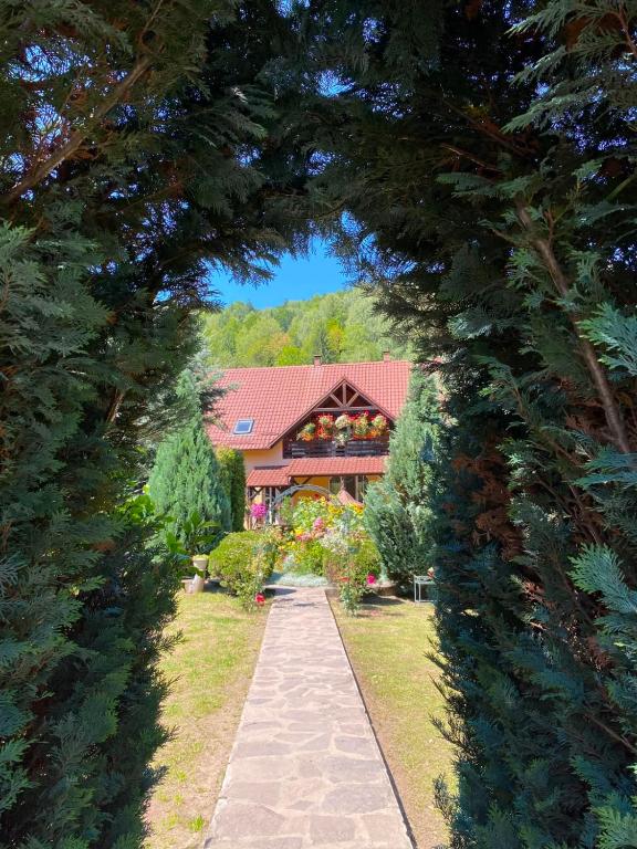 a house with a pathway in front of a building at Casa Lucia in Dămuc