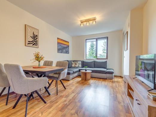 a living room with a couch and a table with chairs at Apartment Kapina in Pamporovo