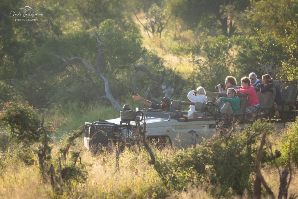 a group of people riding on a safari train at Mohlabetsi Self Catering Bush Lodge in Balule Game Reserve