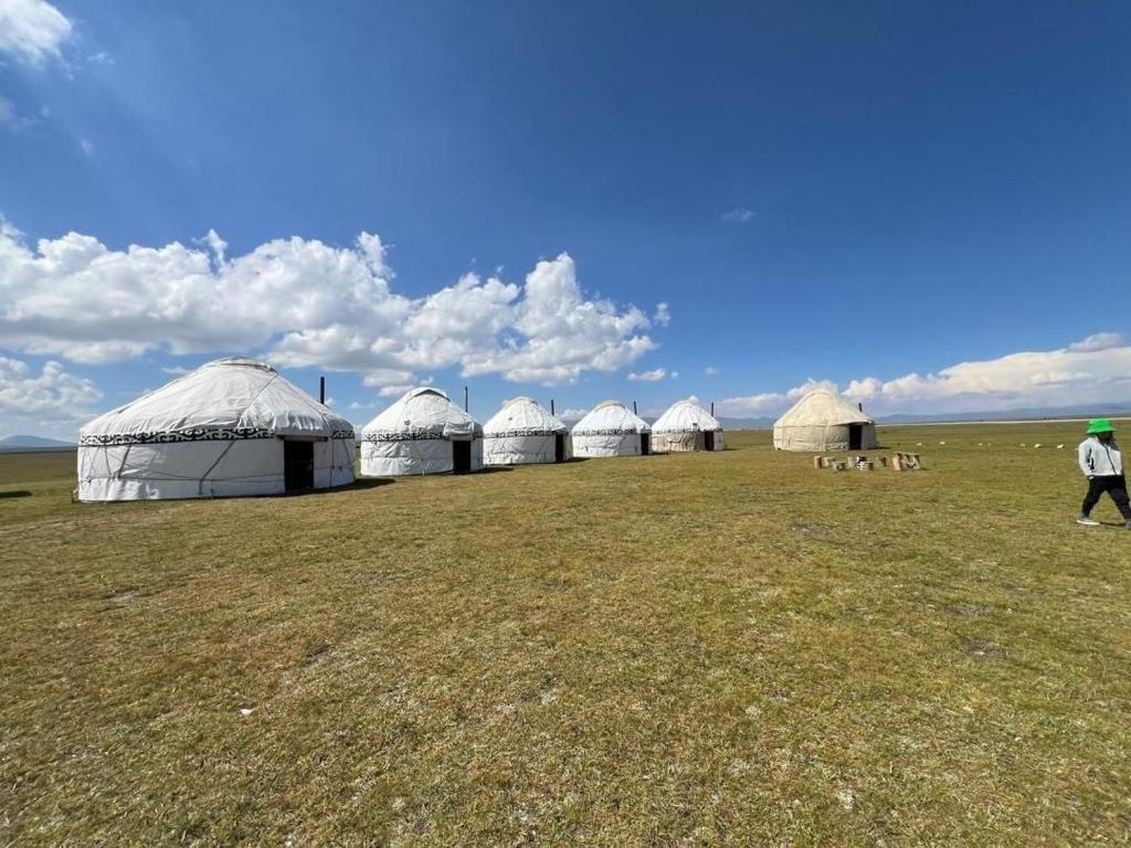 a group of white domes in a field at Kambar-ata yurt camp in Song-Kul