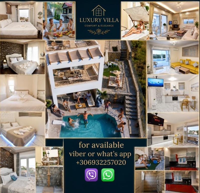 a collage of photos of a villa with a pool at SUNRISE LUXURY POOL VILLA in Paleo Tsifliki