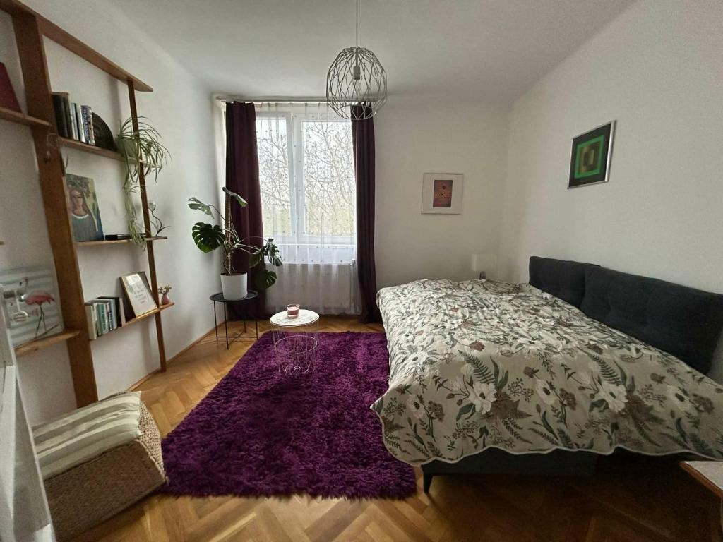 a bedroom with a bed and a purple rug at Digitális Detox Apartman in Tiszafüred