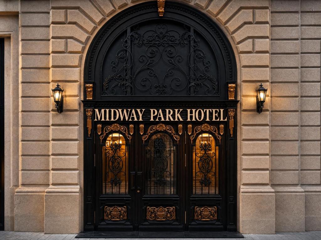 a large black entry door to a mickeys park hotel at Midway Park Hotel in Baku