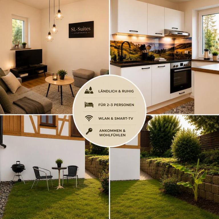 a collage of photos of a kitchen and a living room at Neues 2 Zimmer Schmuckstück in Ergetsweiler