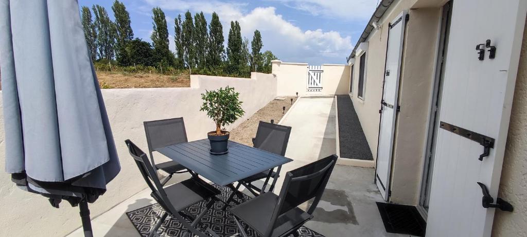 a table with chairs and a potted plant on a balcony at Le Petit Nid de Mombrier in Mombrier