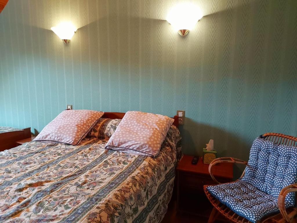 a bedroom with a bed with two pillows and a chair at Chambres vertes in Bouchamps-lès-Craon