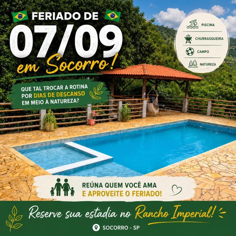 a flyer for a resort with a swimming pool at Chácara Rancho Imperial - Socorro - SP - Piscina, Churrasqueira, Forno à Lenha, Campo de Futebol e uma linda Vista para a Montanha! in Socorro