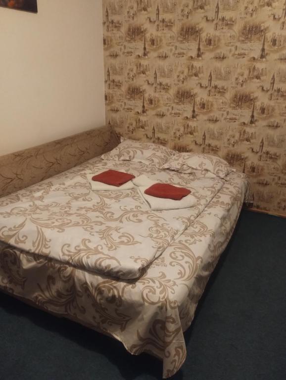 a bed with two red pillows on it in a room at Apartament Amurg in Dej