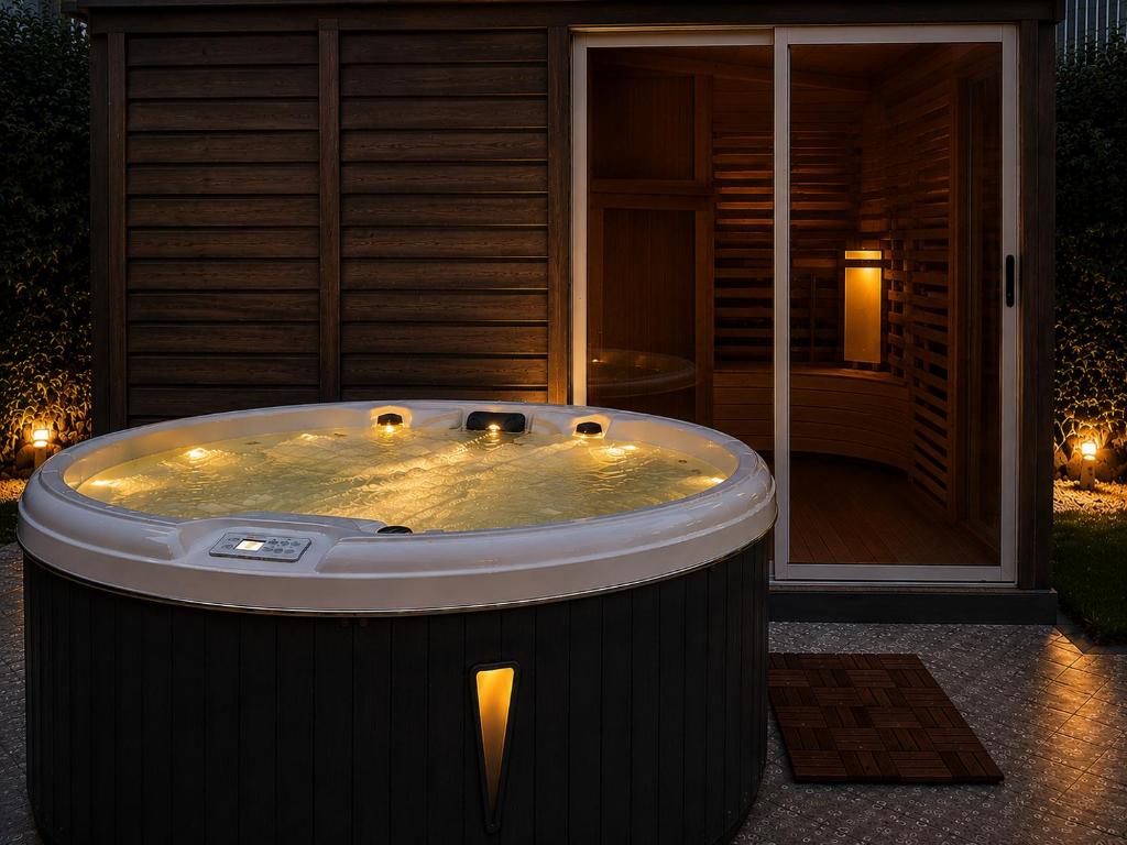 a hot tub in front of a house at night at Ognissanti Rooms in Acireale
