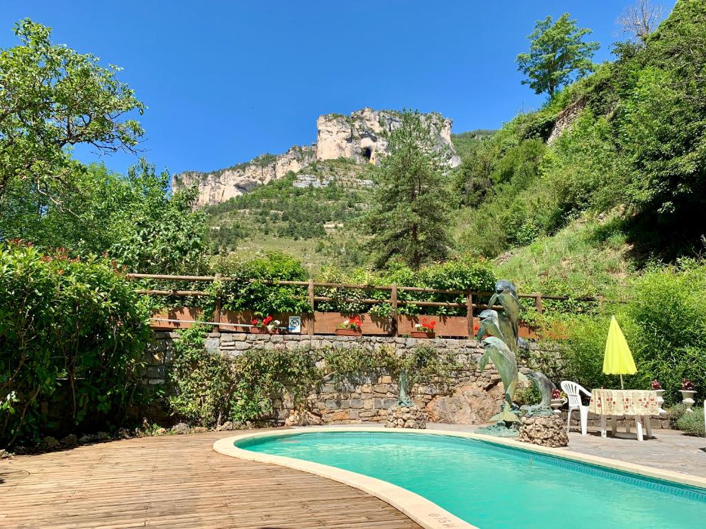 a swimming pool with a mountain in the background at La Caze in Saint-Pierre-des-Tripiers