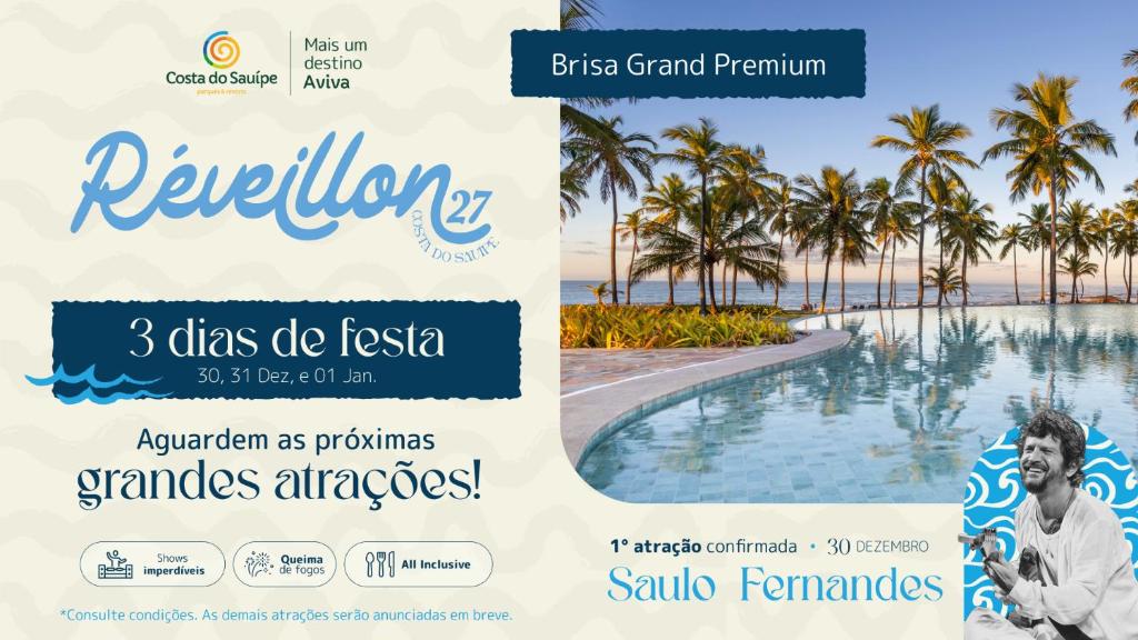 a flyer for a resort with a swimming pool and palm trees at Sauipe Brisa Grand Premium All Inclusive in Costa do Sauipe