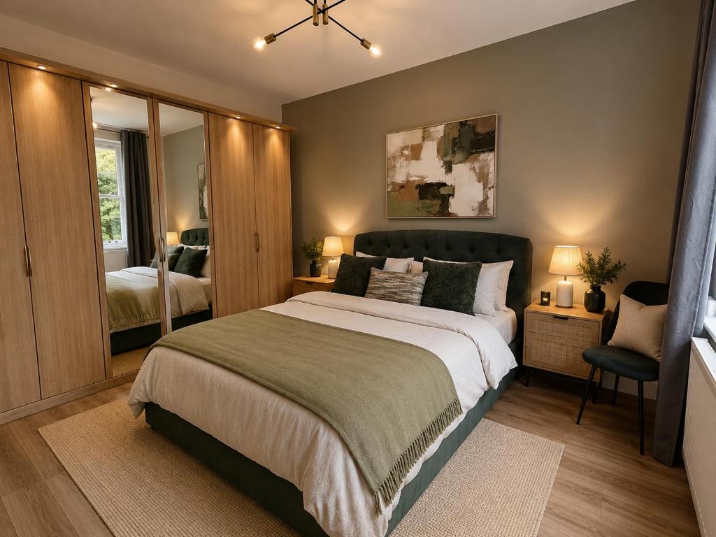 a bedroom with a large bed and a mirror at Castle Mount Apartments in Sandal and Walton