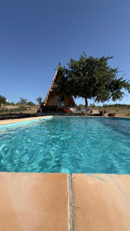 a large pool of water with a house in the background at Chalé da Cumieira Nova in Seia