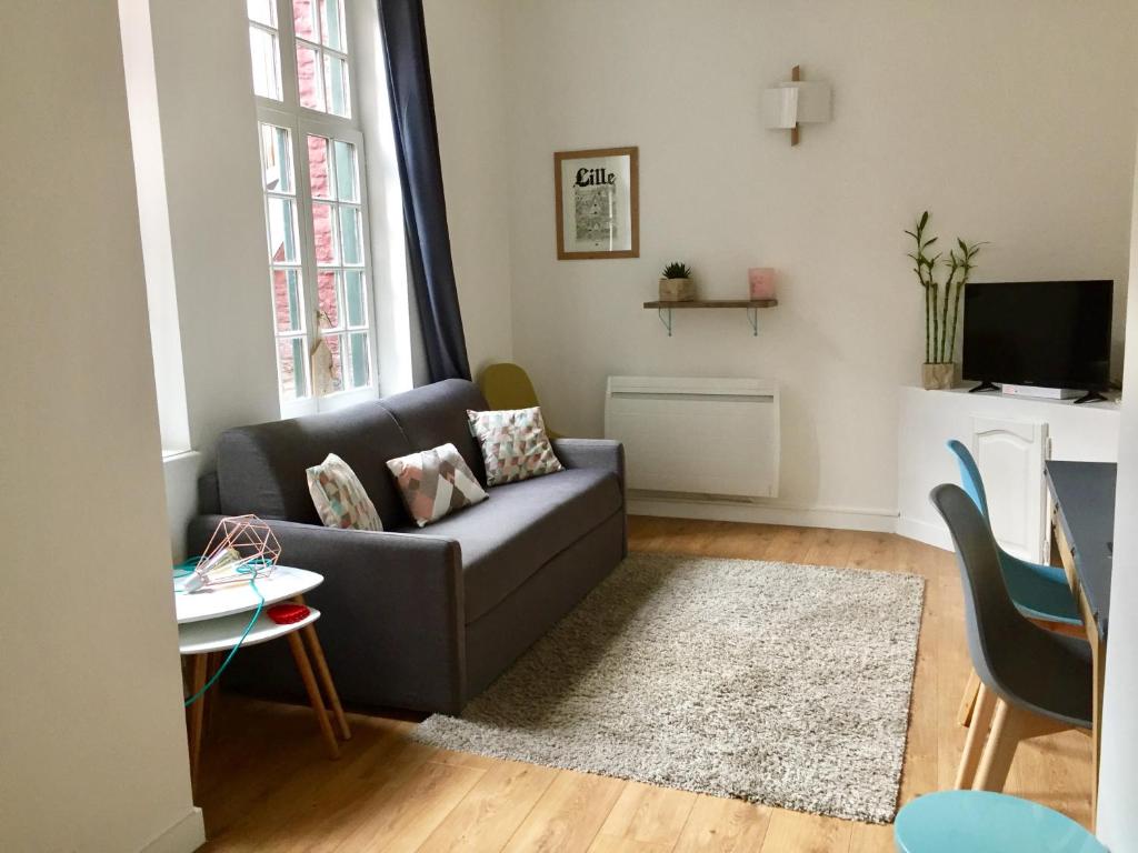 una sala de estar con un sofá y una mesa en Lilloise Home, en Lille
