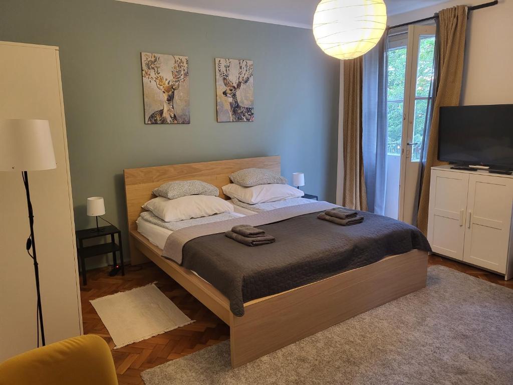 a bedroom with a large bed and a television at Tornyai Apartman in Hódmezővásárhely