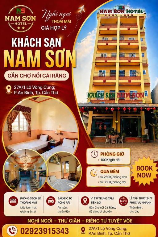 a flyer for a hotel with a building in the background at Khách sạn Nam Sơn in Ấp Lợi Ðủ