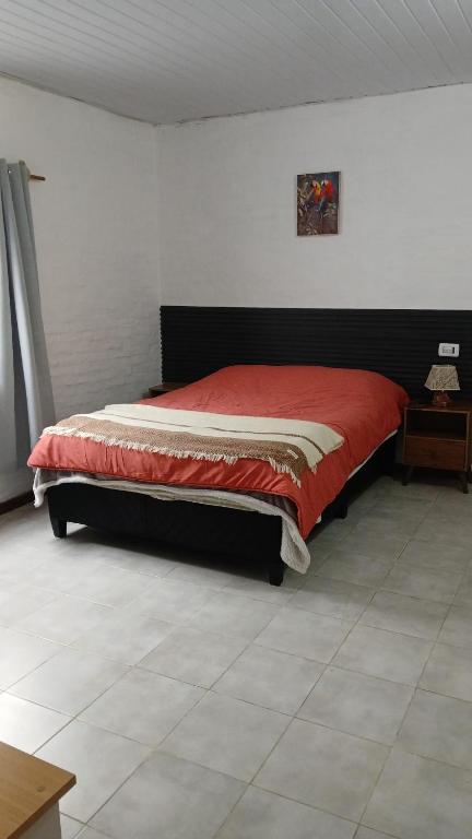 a bedroom with a bed with a red comforter at Olivia in Paysandú
