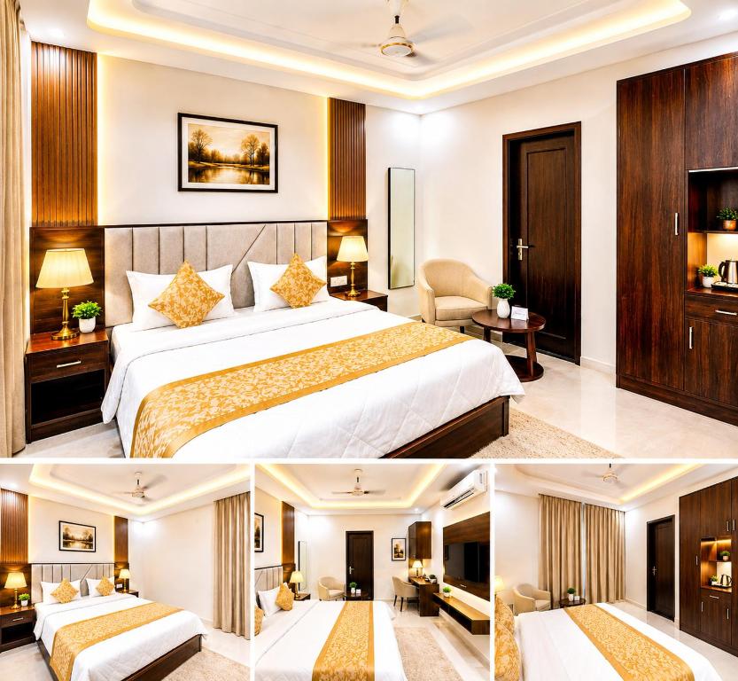 two pictures of a hotel room with a bed at Hotel Prime Grand Residency by Rd Hotels #Most Premium Hotel in vrindavan #Lift #Parking #Fully Ac in Chhatikara