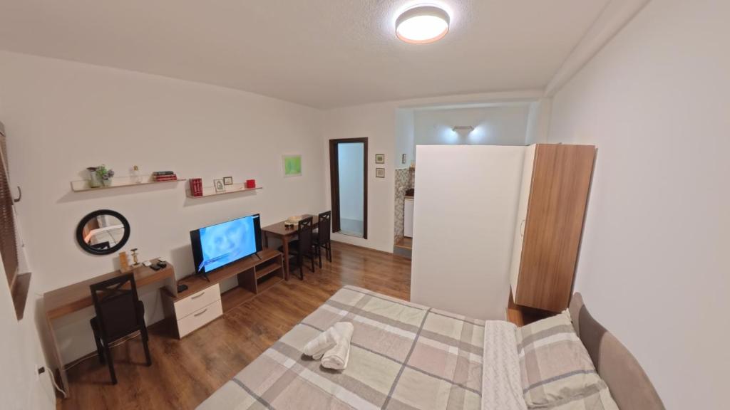 a living room with a bed and a television at STUDIO 88 red in Ohrid