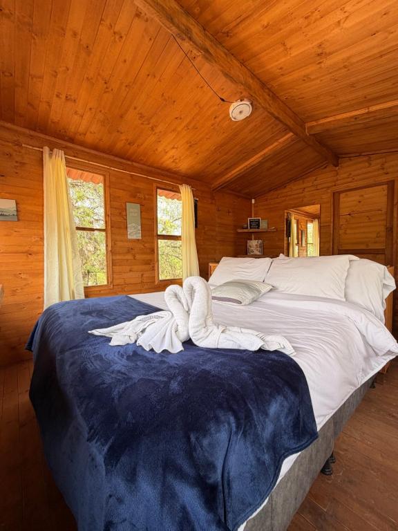 a bedroom with a large bed in a wooden cabin at Glamping Entre Nopales - Sáchica cerca a Villa de Leyva in Sáchica