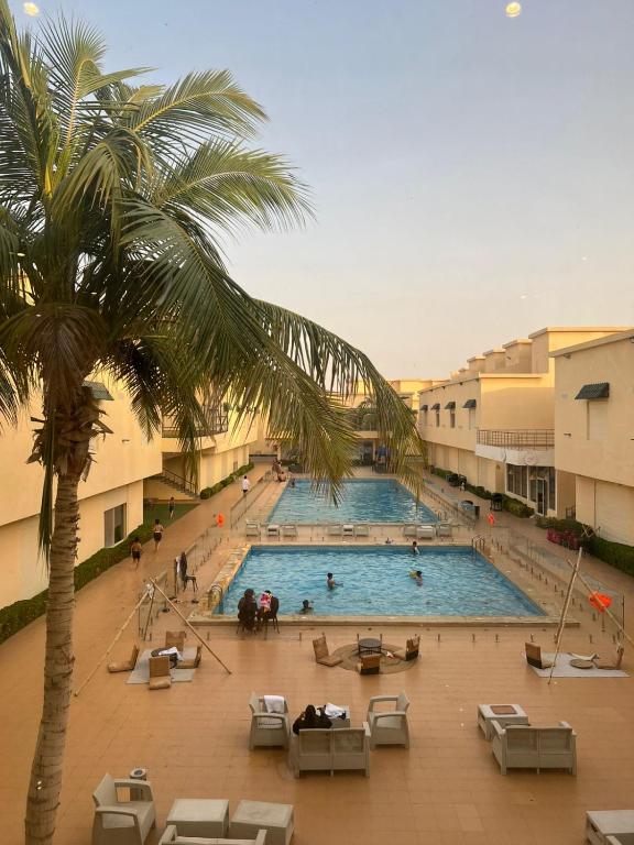 a large swimming pool with a palm tree and buildings at دار in Obhor