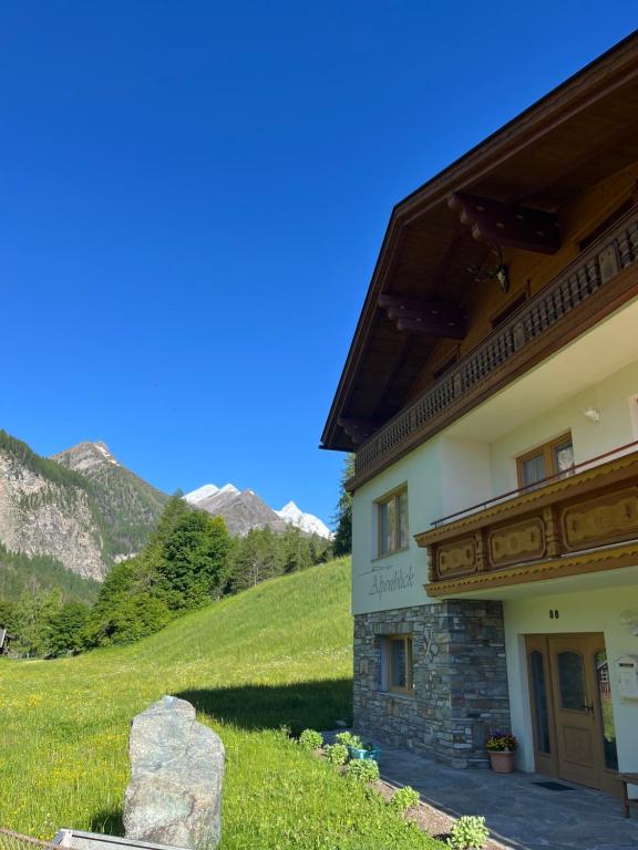 a building on the side of a grassy hill at Ferienhaus Alpenblick, ganzes Ferienhaus, 5 Zi, 4 Bäder, gratis Parkplatz, Sonnenterrasse in Heiligenblut