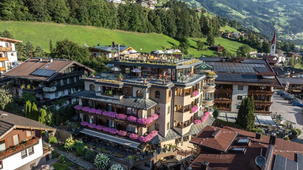 an aerial view of a building in a city at Hotel Sieghard Zillertal in Mayrhofen