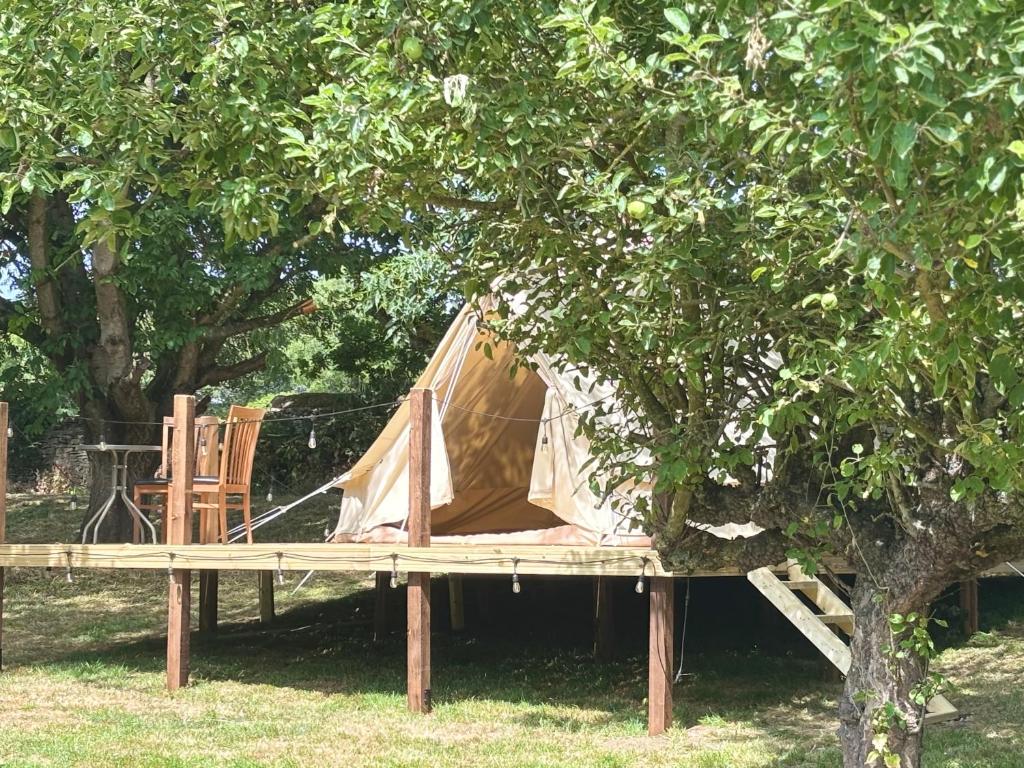 a tent sitting on a platform under a tree at Canutes Field bell tent in Nassington