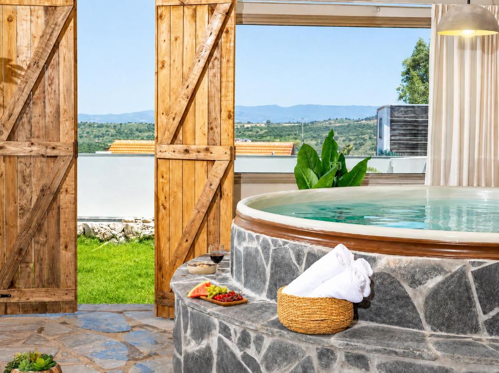 a hot tub in a backyard with a wooden fence at סוויטת דרים רויאל - סוויטה חלומית עם אמבט ספא מפנק ונוף מדהים in ‘Ein Ya‘aqov
