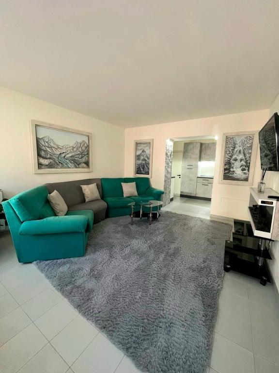 a living room with a green couch and a rug at La Cascata in Valbrenta 