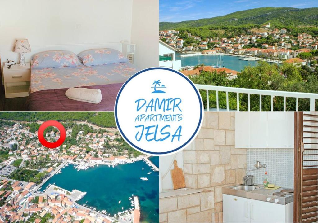 a collage of photos with a bedroom and a view of a city at Damir Apartments Bonina in Jelsa