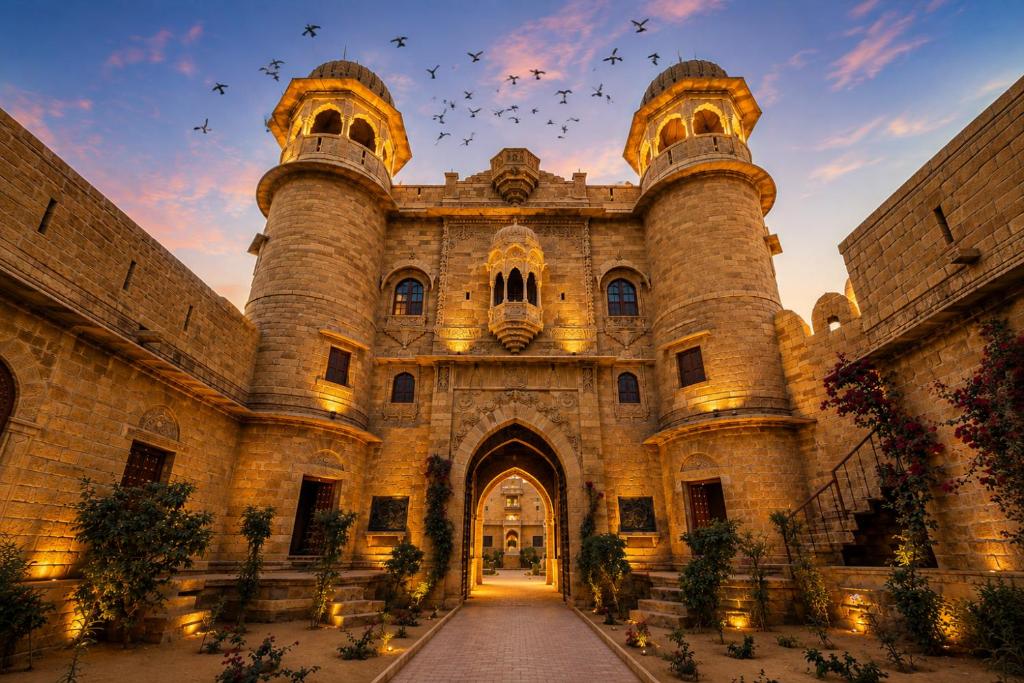 a large building with birds flying in the sky at WelcomHeritage Mohangarh Fort in Sodākor
