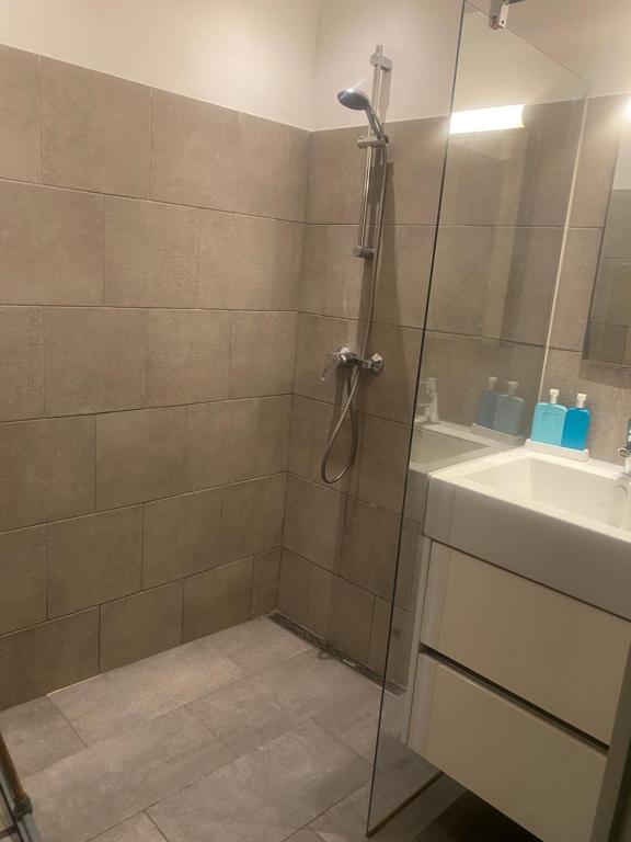 a bathroom with a shower and a sink at Belmont-chambres 