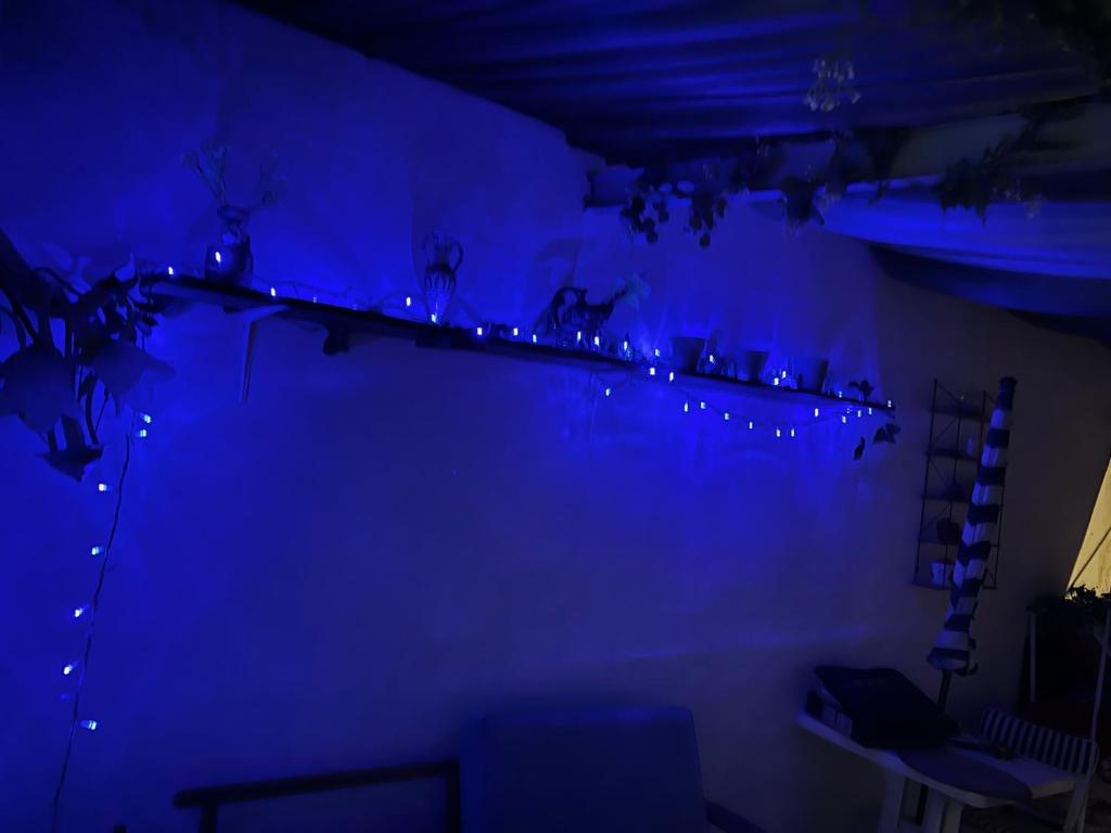 a blue room with a shelf with lights on it at Entre Paris et Normandie in Mantes-la-Ville