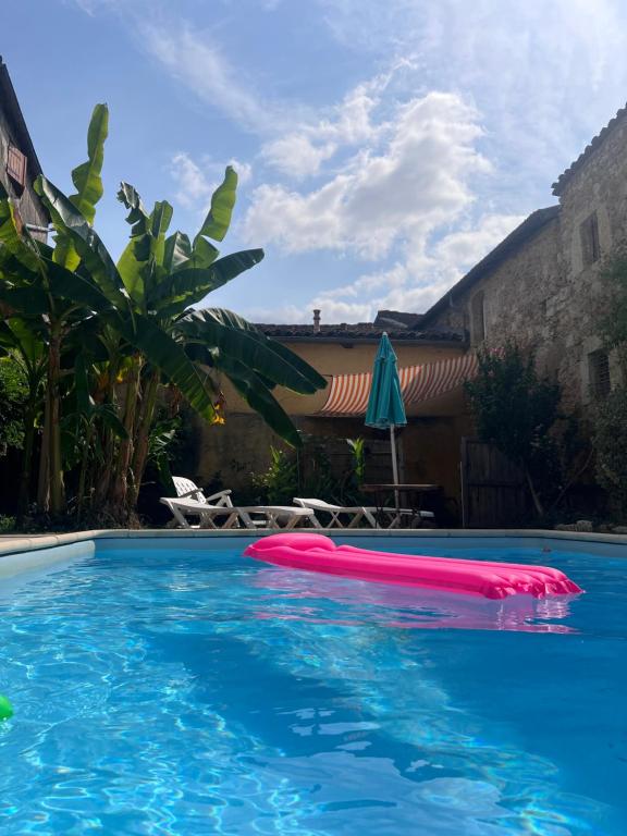 a pool with a red raft in the water at Oasis de Vic in Vic-Fezensac