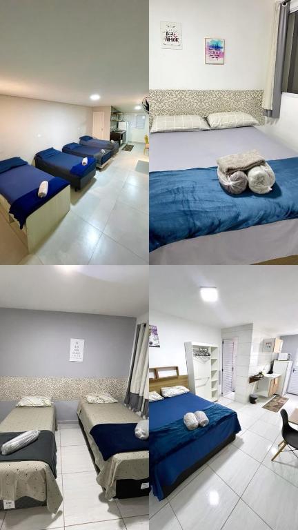 three different views of a bedroom with blue beds at Studio 107 in São Paulo