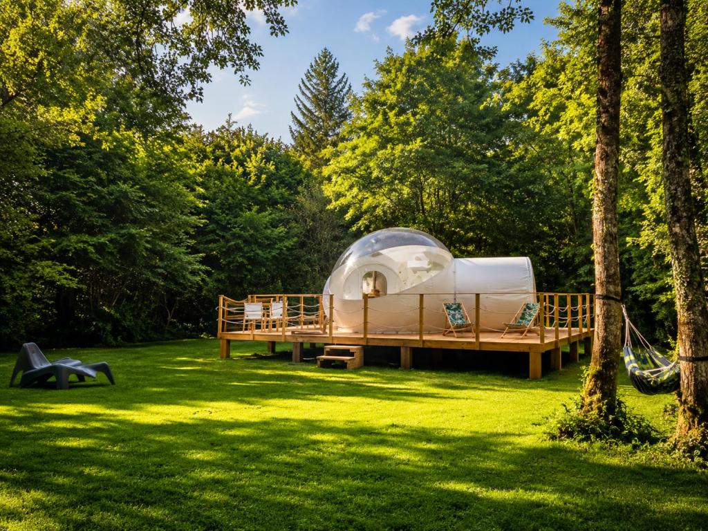 a yurt in a park with a hammock and trees at La biche au bois piscine chauffee jacuzzi in Cazals