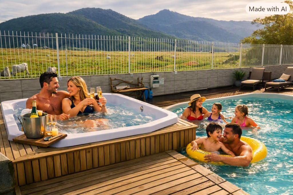 a group of people in a hot tub in a pool at Residencial Moradas das cachoeiras 10 minutos da Praia Guarda Do Embaú SC in Palhoça