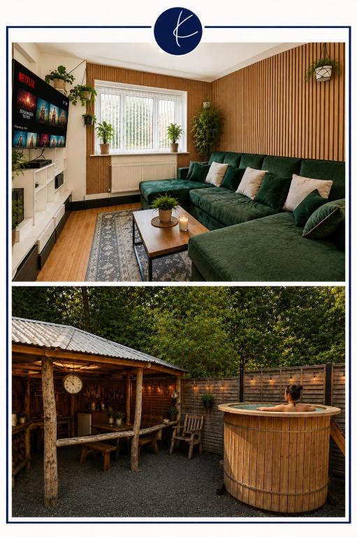 a living room with a green couch and a table at K Suites - Liverpool Road Worcester with Hot Tub in Worcester