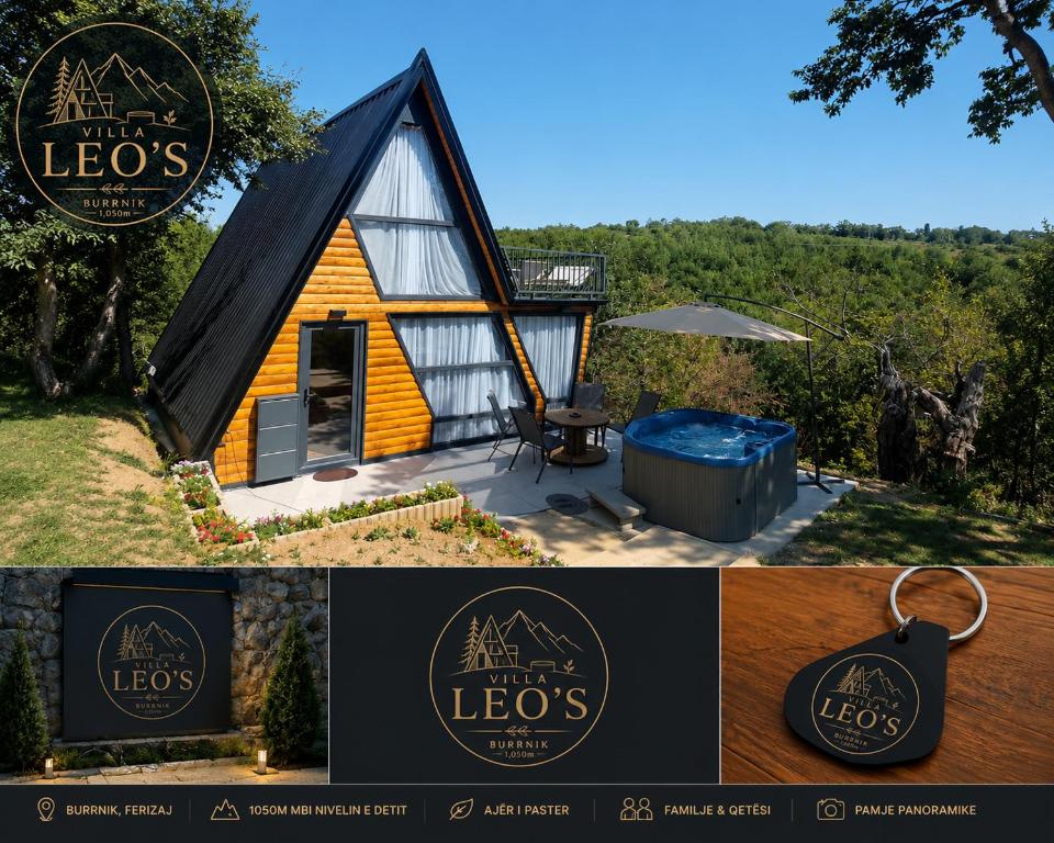 a tiny house with a sign that says leos at Villa Leos in Ferizaj