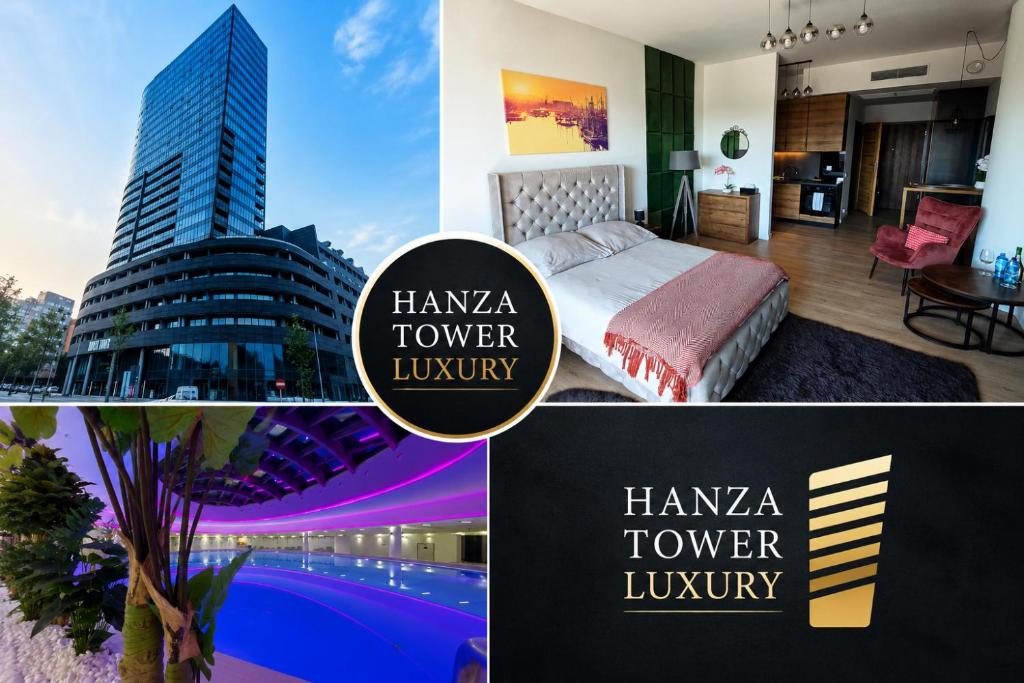 a collage of photos of a hotel room with a city at Hanza Tower Luxury in Szczecin