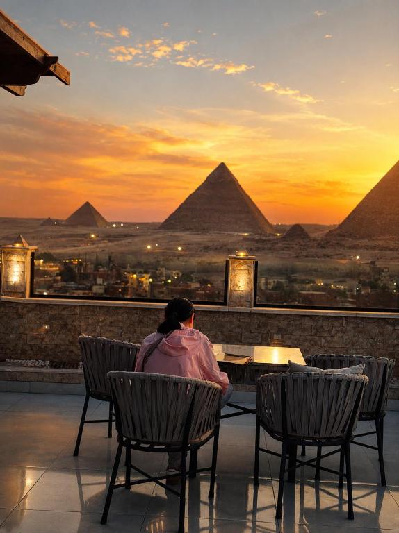 a person sitting at a table watching the pyramids at Continental Pyramids INN & Roof Top in Cairo