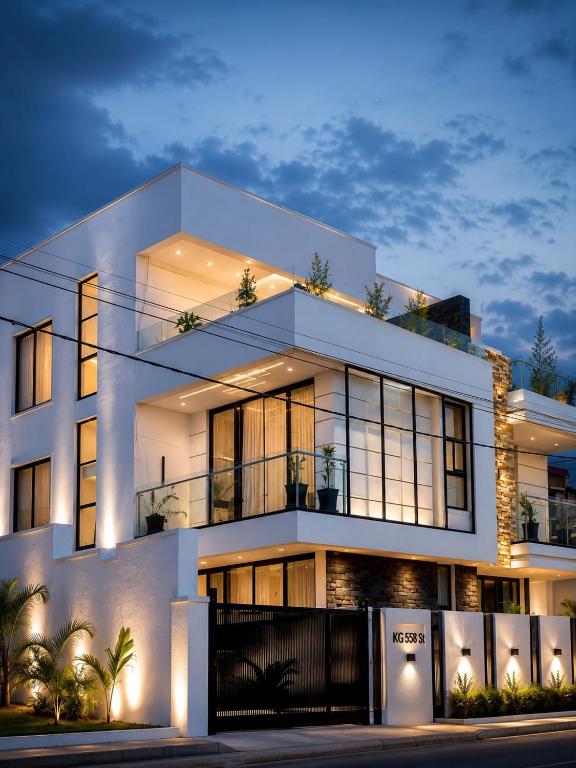 a large white building with lights on at KIGALi WHITE HOMES AND RESIDENCE in Kigali