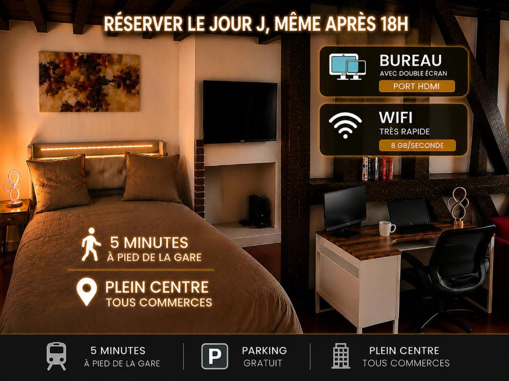 a poster of a bedroom with a bed and a desk at Appart proche gare centre ville bureau parking in La Loupe