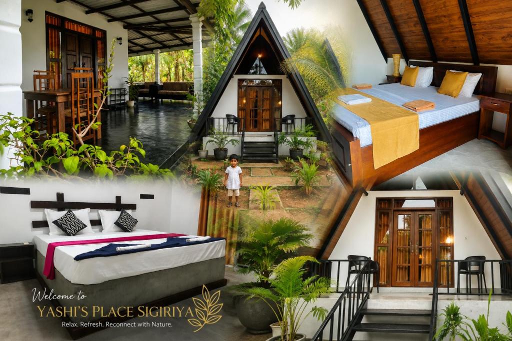 a collage of three photos of a house at Yashi's Place Sigiriya in Sigiriya